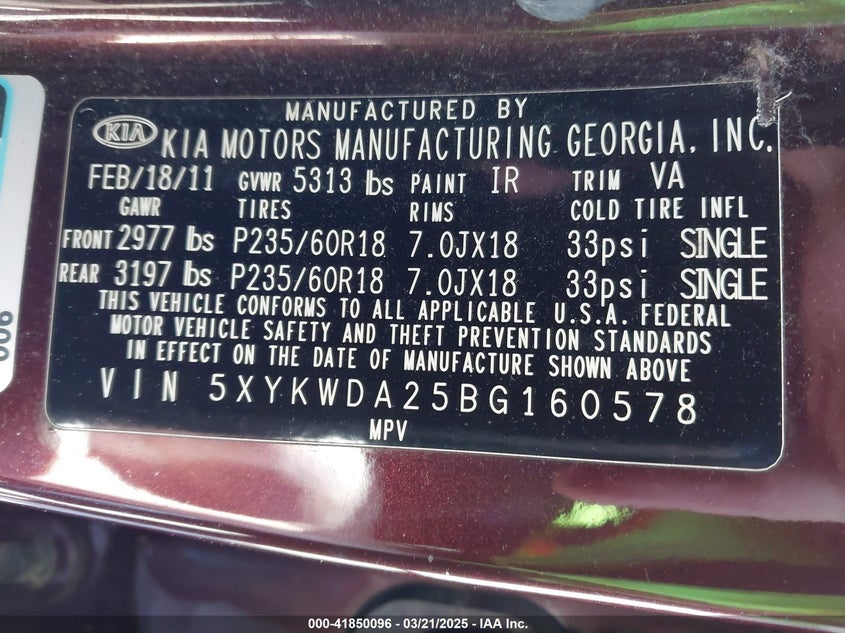 2011 Kia Sorento Sx V6 VIN: 5XYKWDA25BG160578 Lot: 41850096