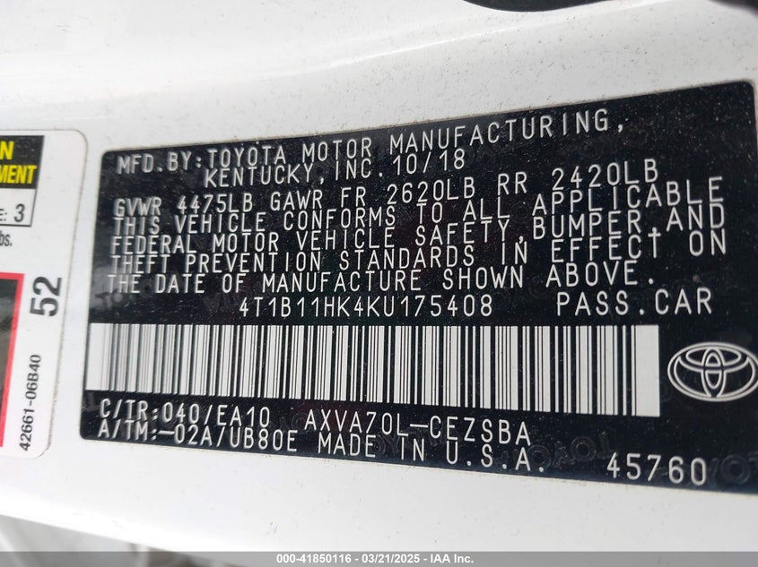 2019 TOYOTA CAMRY VIN: 4T1B11HK4KU175408