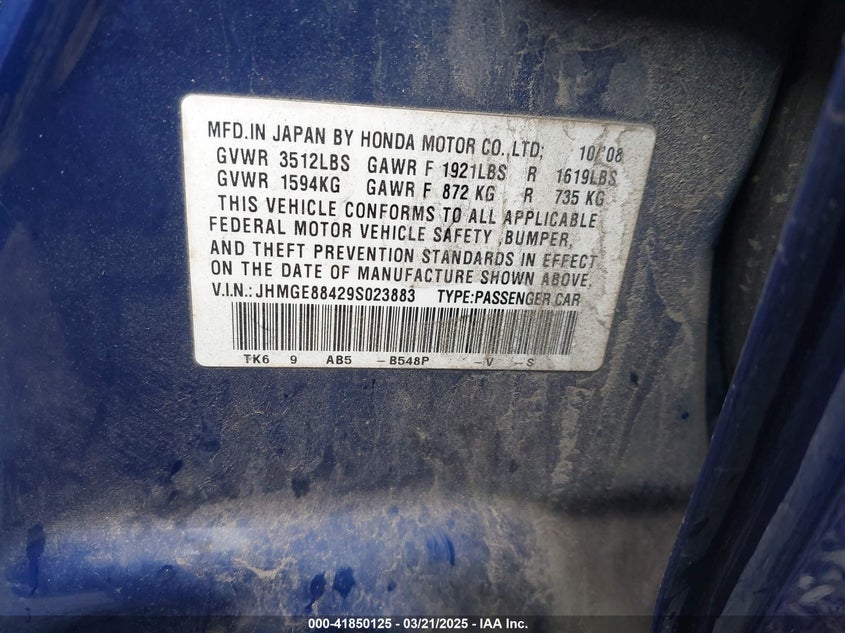 2009 HONDA FIT VIN: JHMGE88429S023883