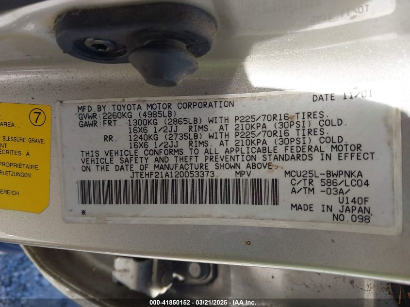 2002 Toyota Highlander Limited V6 VIN: JTEHF21A120053373 Lot: 41850152