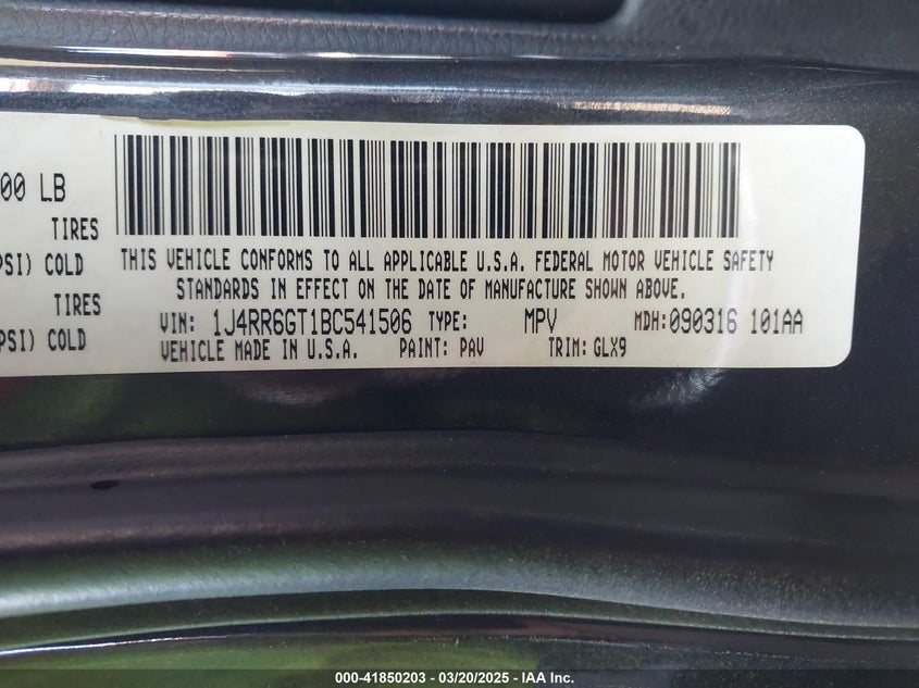 2011 JEEP GRAND CHEROKEE VIN: 1J4RR6GT1BC541506