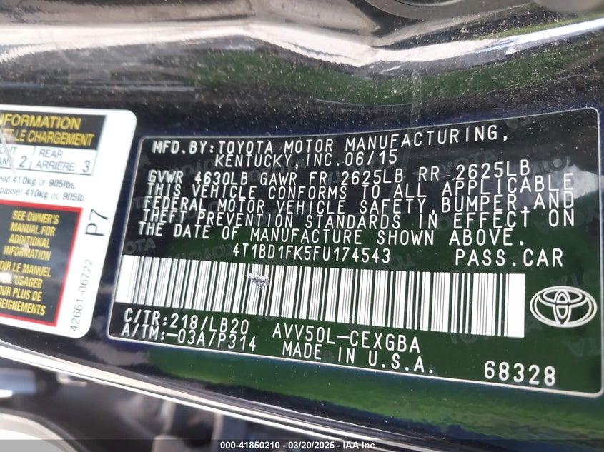 2015 TOYOTA CAMRY HYBRID VIN: 4T1BD1FK5FU174543