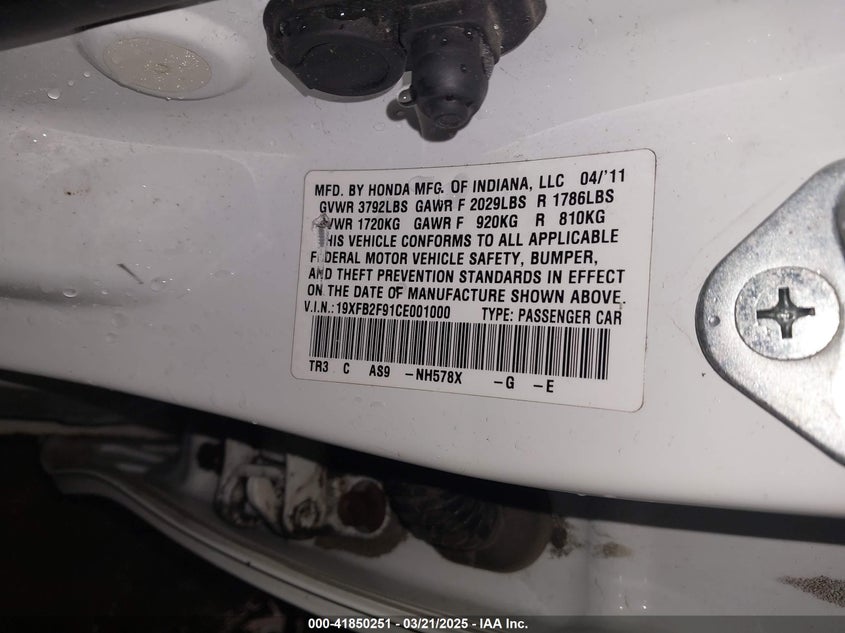 2012 HONDA CIVIC VIN: 19XFB2F91CE001000