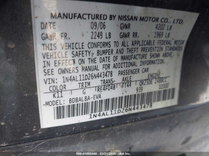 2006 NISSAN ALTIMA VIN: 1N4AL11D26N443478