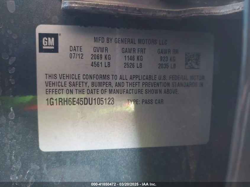 2013 CHEVROLET VOLT VIN: 1G1RH6E45DU105123