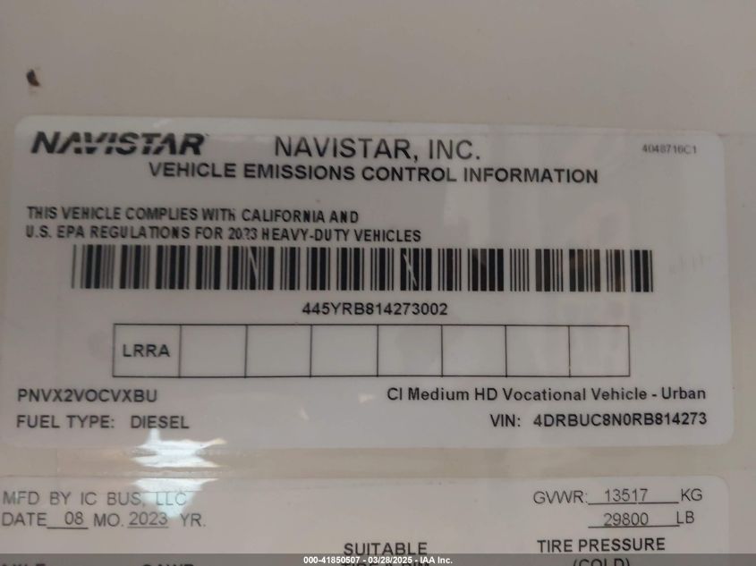 2024 Ic Corporation 3000 Ce VIN: 4DRBUC8N0RB814273 Lot: 41850507