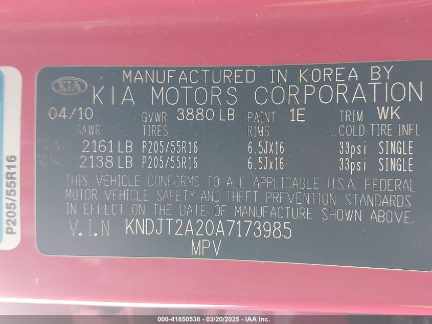 2010 Kia Soul + VIN: KNDJT2A20A7173985 Lot: 41850538