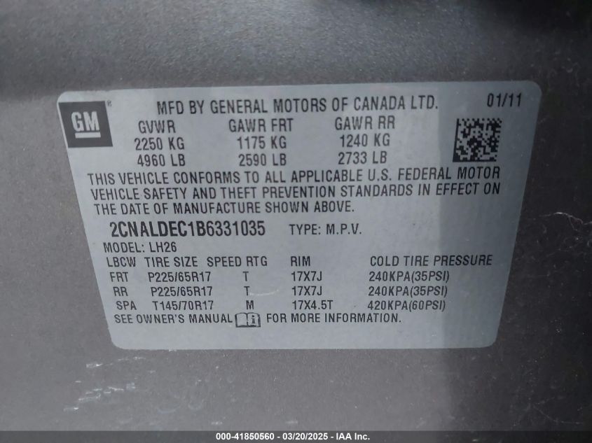 2011 Chevrolet Equinox 1Lt VIN: 2CNALDEC1B6331035 Lot: 41850560