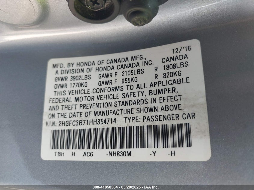 2017 HONDA CIVIC VIN: 2HGFC3B71HH354714
