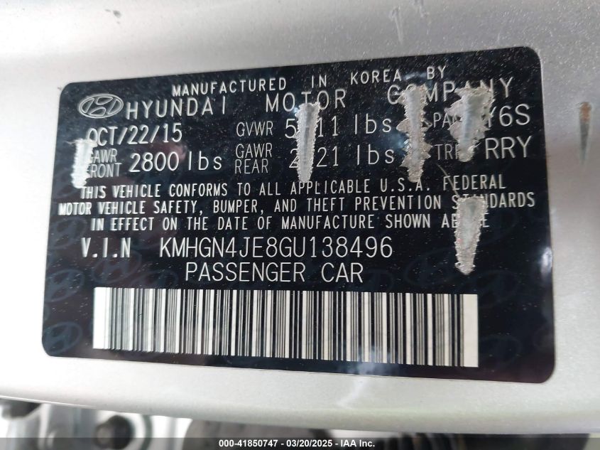 2016 Hyundai Genesis 3.8 VIN: KMHGN4JE8GU138496 Lot: 41850747