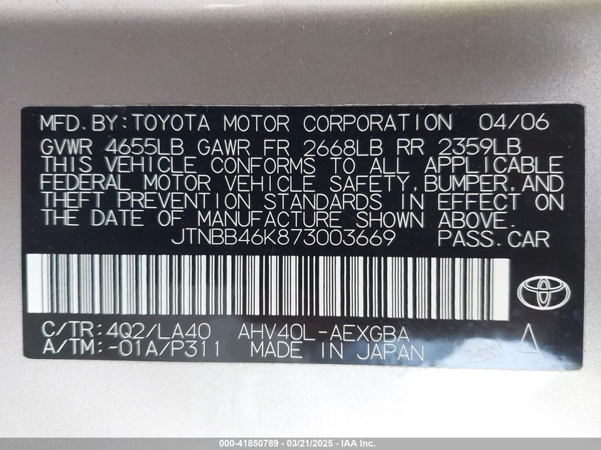 2007 TOYOTA CAMRY HYBRID VIN: JTNBB46K873003669