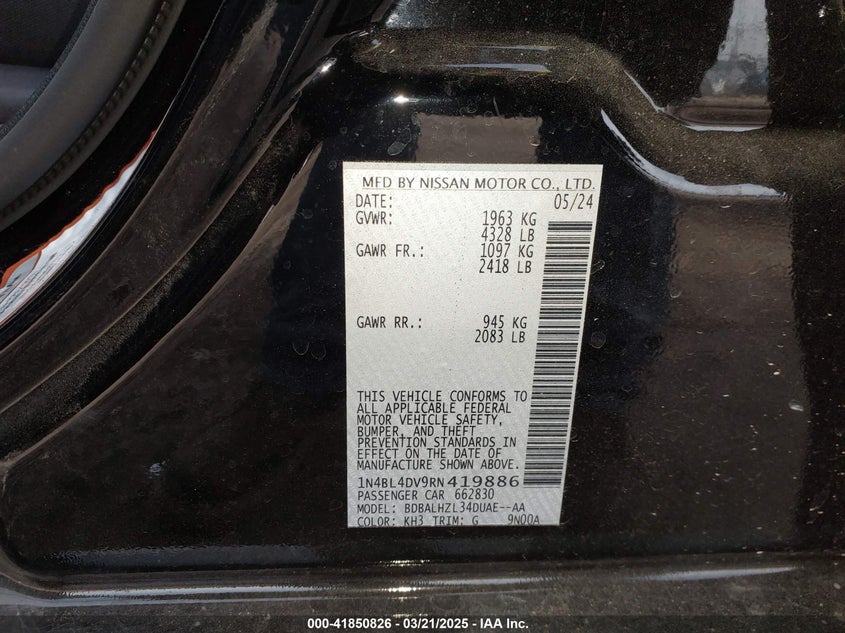 2024 NISSAN ALTIMA VIN: 1N4BL4DV9RN419886
