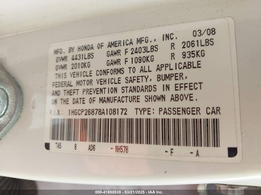 2008 HONDA ACCORD VIN: 1HGCP26878A108172