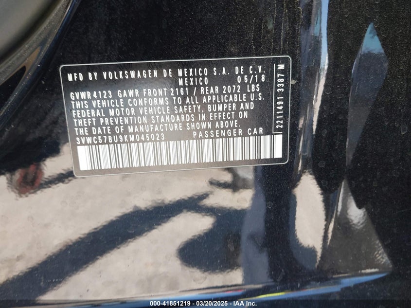 2019 VOLKSWAGEN JETTA VIN: 3VWC57BU9KM045023