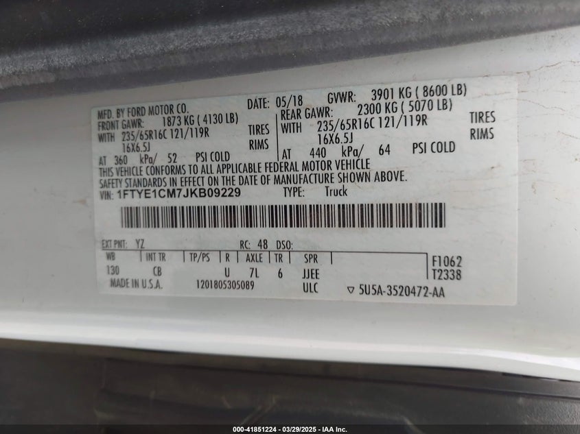 2018 FORD TRANSIT-150 VIN: 1FTYE1CM7JKB09229