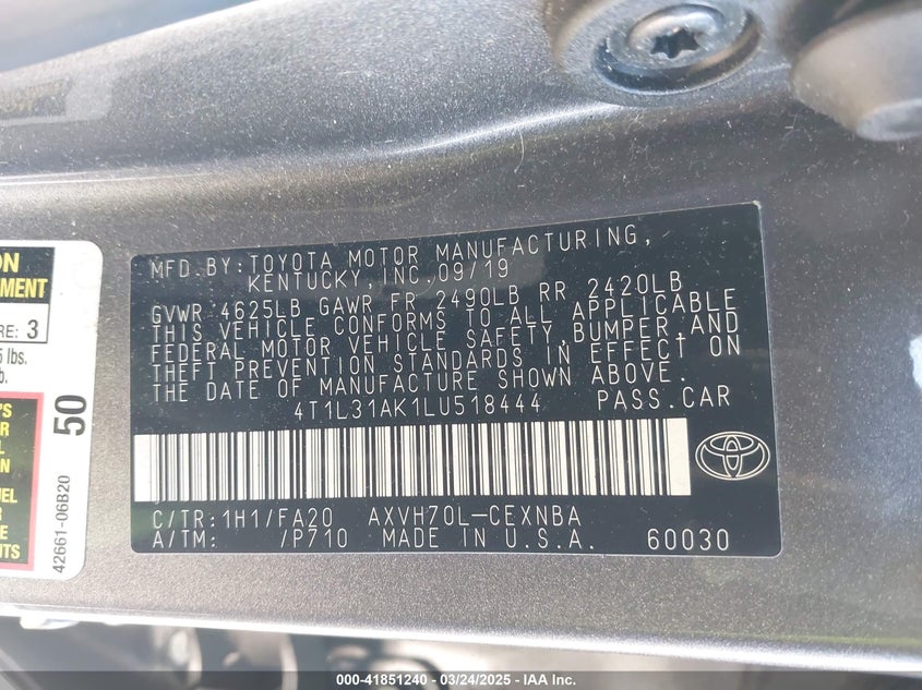 2020 TOYOTA CAMRY VIN: 4T1L31AK1LU518444