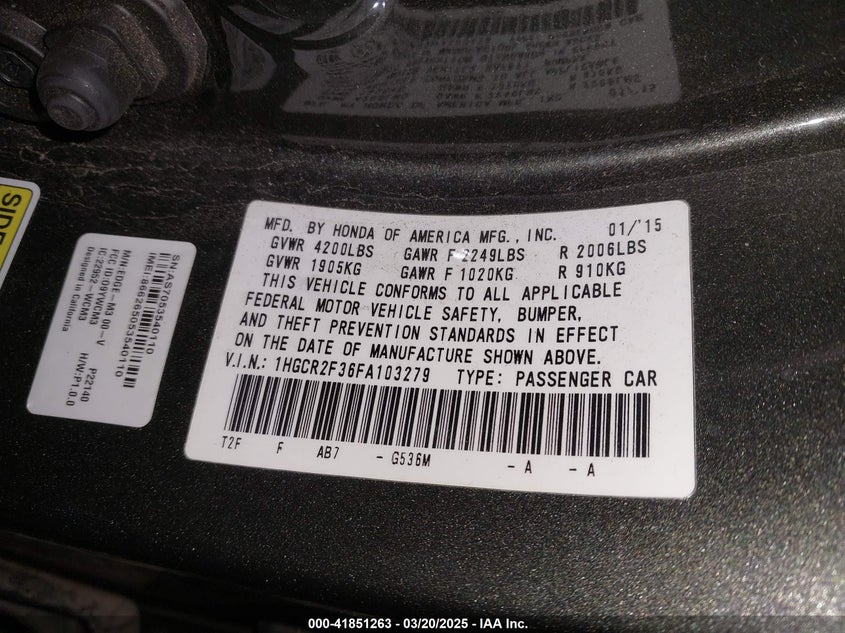 2015 HONDA ACCORD VIN: 1HGCR2F36FA103279