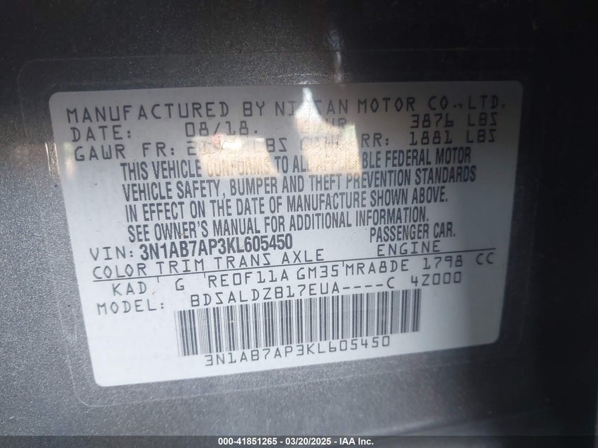 2019 NISSAN SENTRA VIN: 3N1AB7AP3KL605450