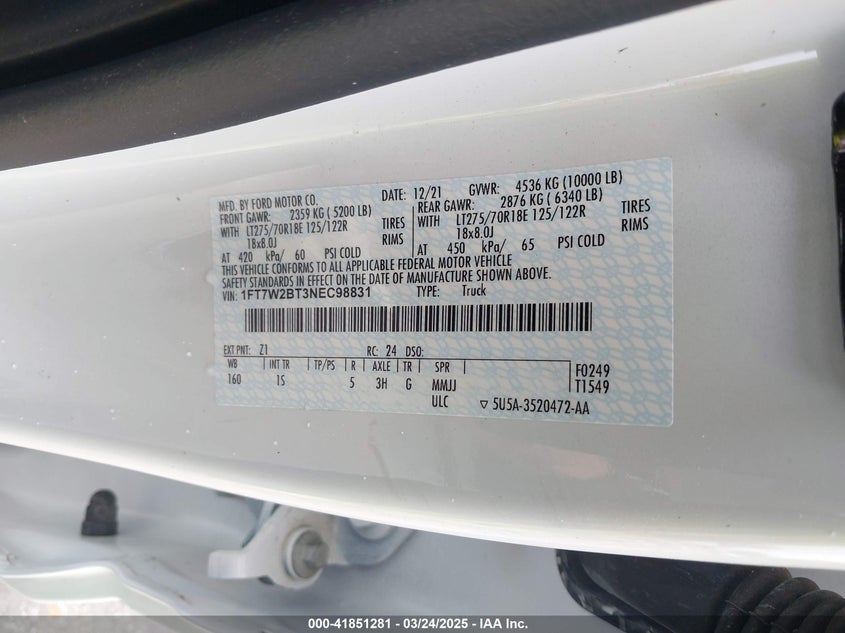 2022 FORD F250 VIN: 1FT7W2BT3NEC98831