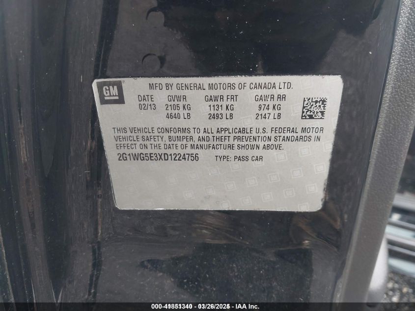 2013 Chevrolet Impala Lt VIN: 2G1WG5E3XD1224756 Lot: 41851340