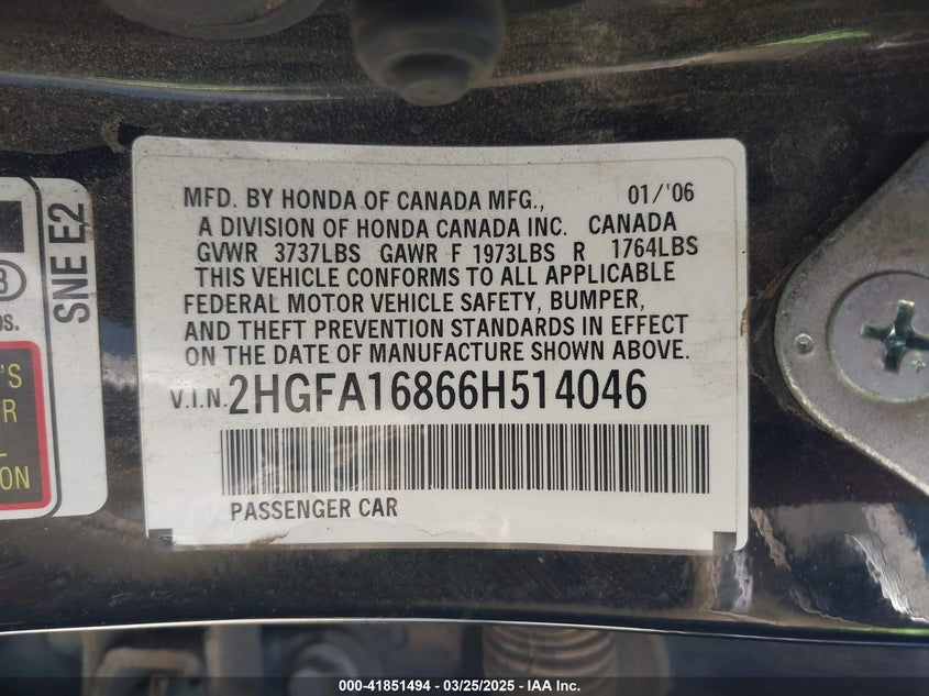 2006 HONDA CIVIC VIN: 2HGFA16866H514046
