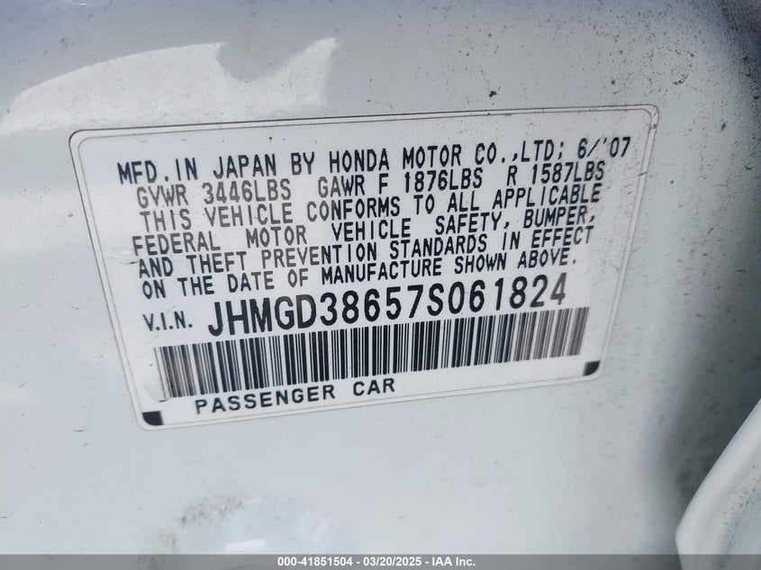 2007 HONDA FIT VIN: JHMGD38657S061824