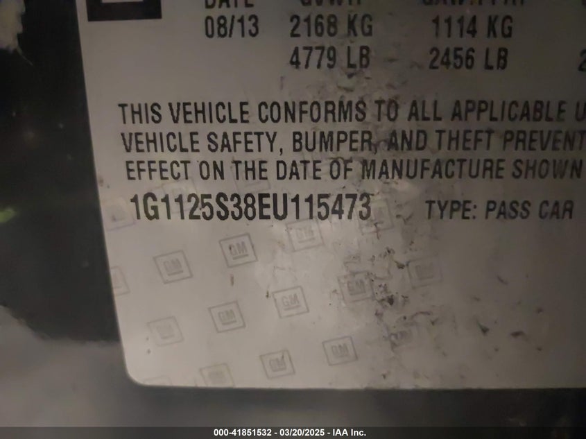 2014 CHEVROLET IMPALA VIN: 1G1125S38EU115473