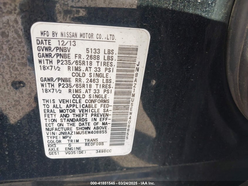 2014 NISSAN MURANO S/SL/SV/LE - JN8AZ1MU5EW408855