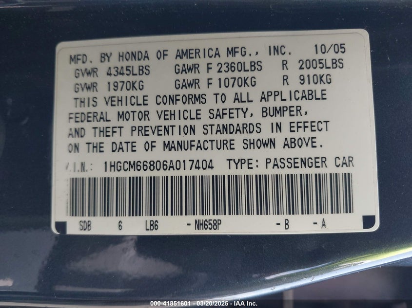 2006 HONDA ACCORD VIN: 1HGCM66806A017404