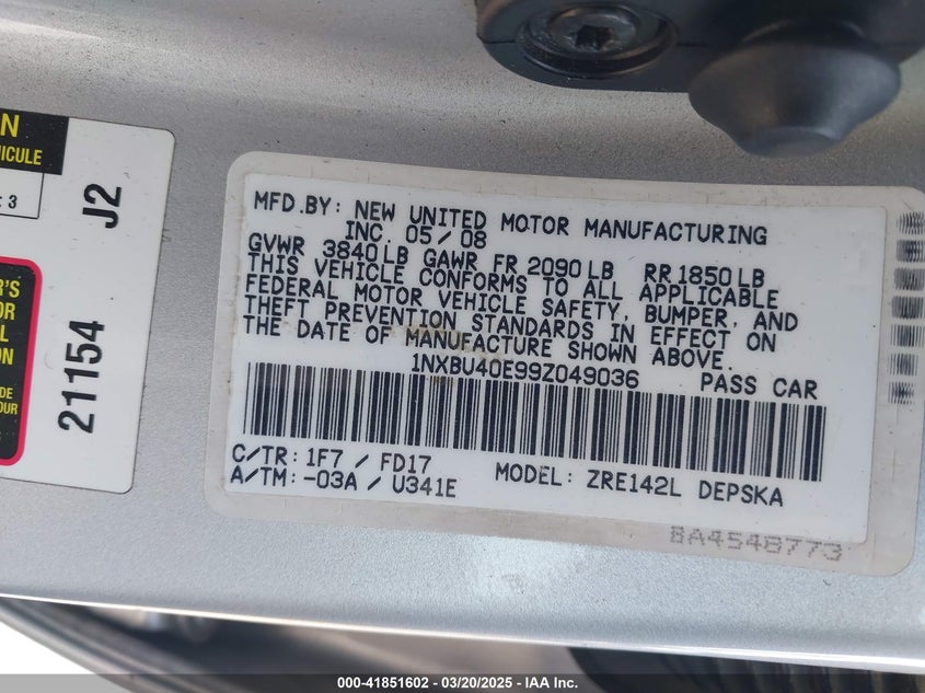 2009 TOYOTA COROLLA VIN: 1NXBU40E99Z049036