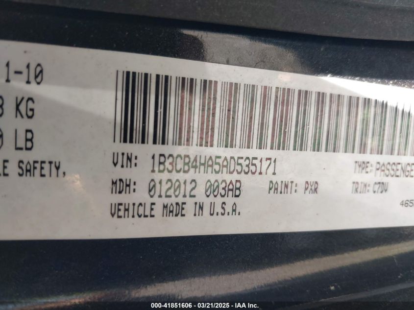 2010 Dodge Caliber Sxt VIN: 1B3CB4HA5AD535171 Lot: 41851606