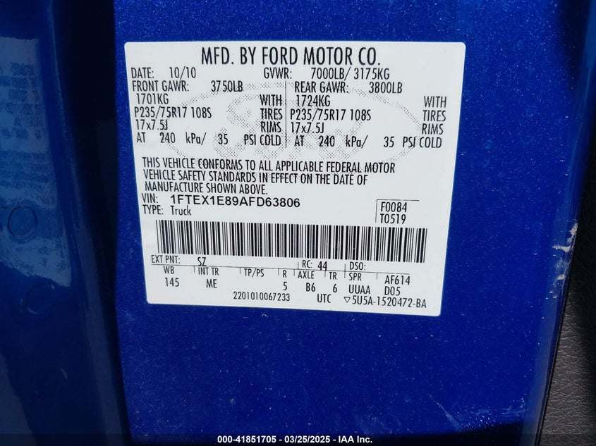 2010 FORD F-150 VIN: 1FTEX1E89AFD63806