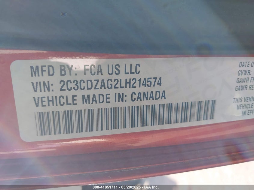 2020 DODGE CHALLENGER VIN: 2C3CDZAG2LH214574