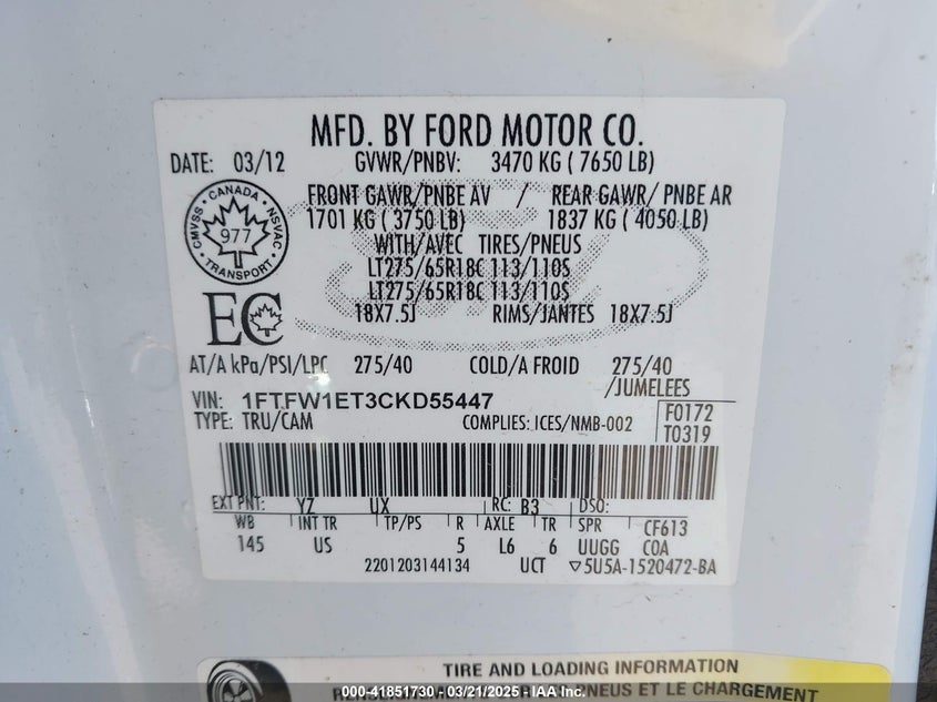 2012 FORD F-150 VIN: 1FTFW1ET3CKD55447