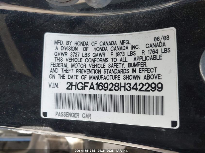 2008 Honda Civic Ex-L VIN: 2HGFA16928H342299 Lot: 41851735