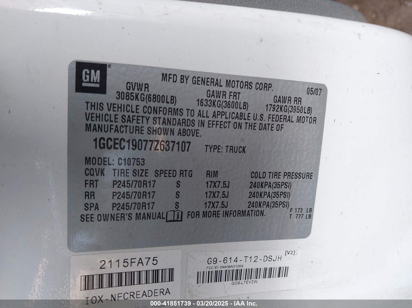 2007 CHEVROLET SILVERADO VIN: 1GCEC19077Z637107