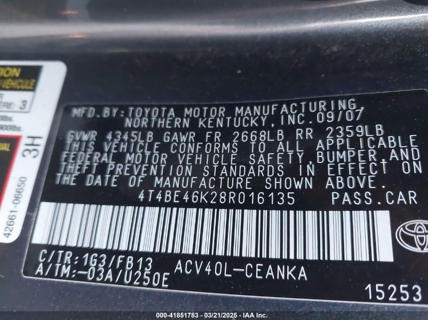 2008 Toyota Camry Le VIN: XX4T4BE46K28R0161 Lot: 41851783