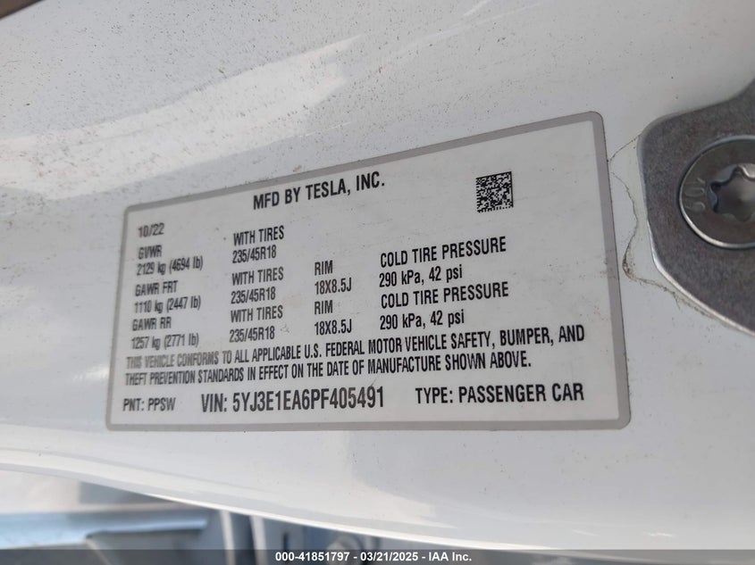 2023 TESLA MODEL 3 VIN: 5YJ3E1EA6PF405491