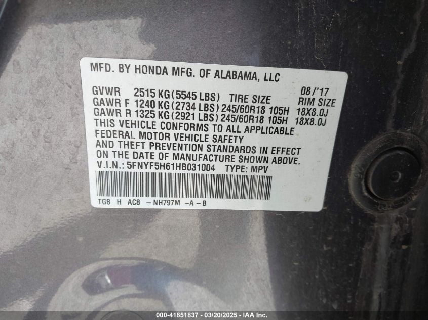 2017 Honda Pilot Ex-L VIN: 5FNYF5H61HB031004 Lot: 41851837