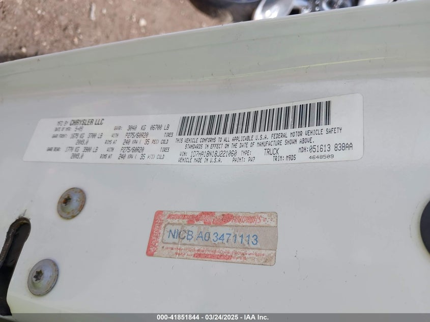 2008 Dodge Ram 1500 Slt VIN: 1D7HA18N18J221060 Lot: 41851844