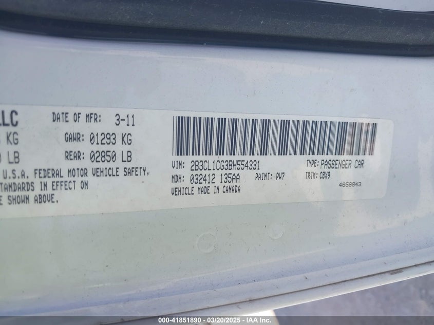 2011 Dodge Charger Police VIN: 2B3CL1CG3BH554331 Lot: 41851890