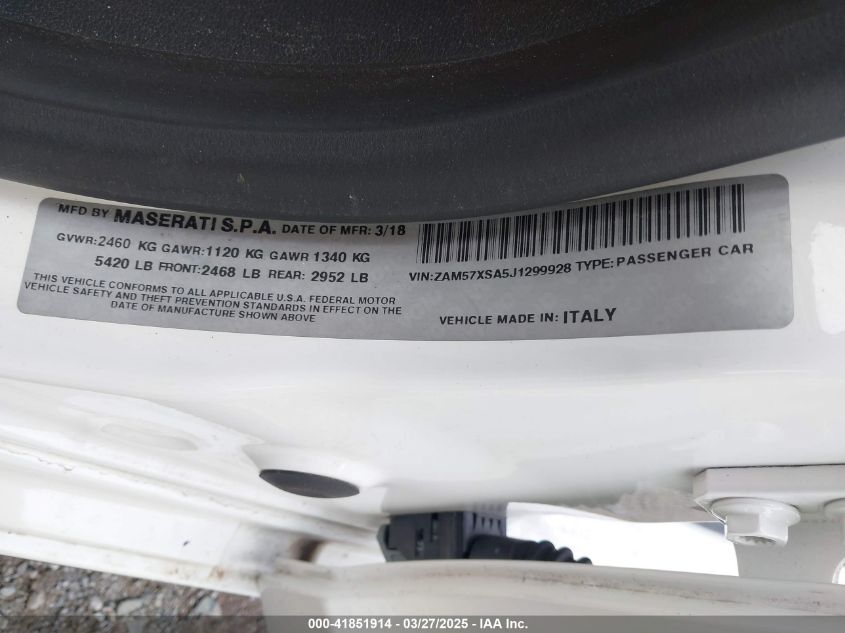 2018 Maserati Ghibli VIN: ZAM57XSA5J1299928 Lot: 41851914