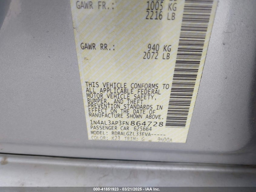 2015 NISSAN ALTIMA VIN: 1N4AL3AP3FN864728