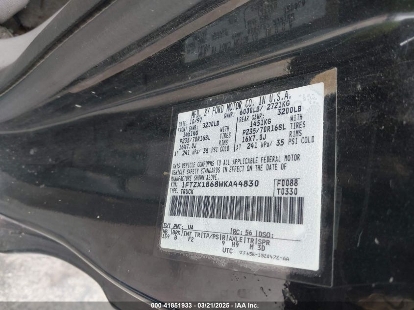 1998 Ford F-150 Lariat/Standard/Xl/Xlt VIN: 1FTZX1868WKA44830 Lot: 41851933