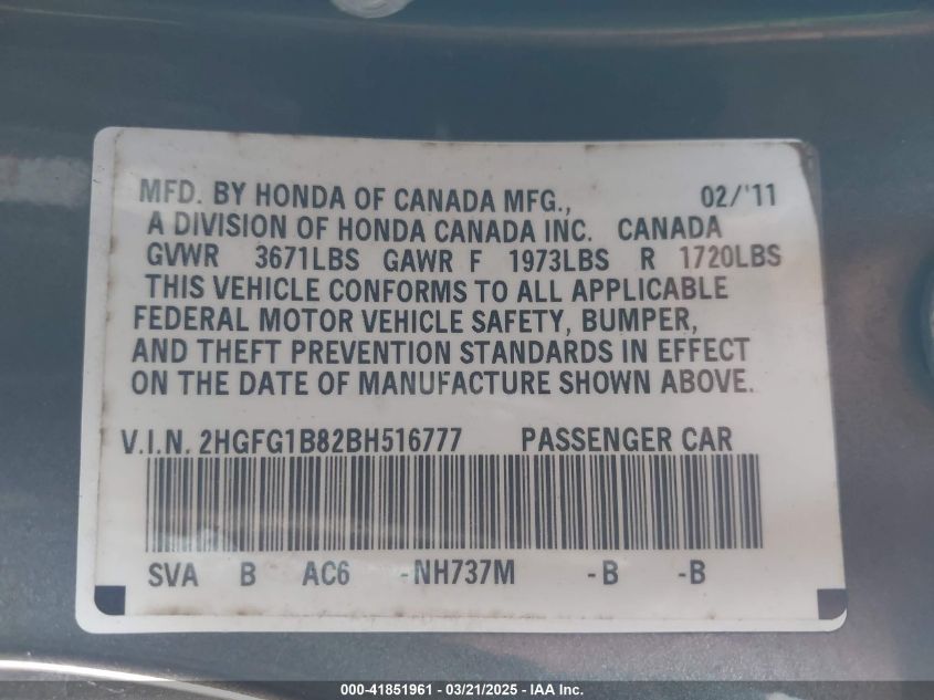 2011 Honda Civic Ex VIN: 2HGFG1B82BH516777 Lot: 41851961