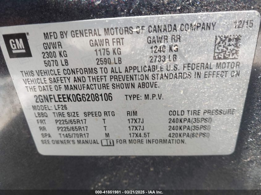 2016 Chevrolet Equinox Ls VIN: 2GNFLEEK0G6208106 Lot: 41851981