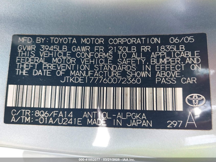 2006 SCION TC VIN: JTKDE177760072360