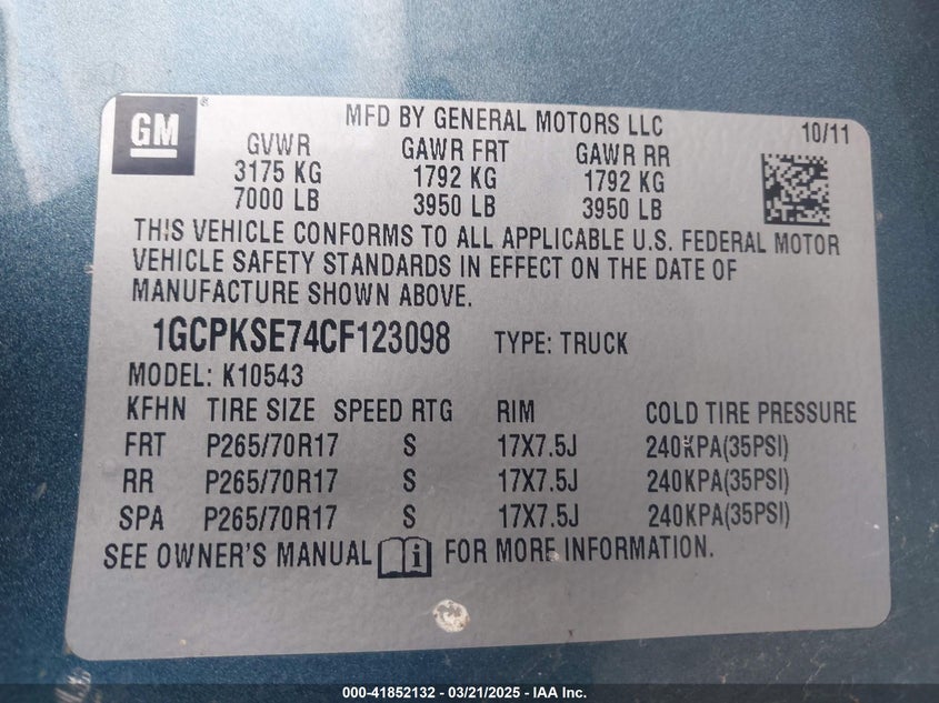 2012 CHEVROLET SILVERADO VIN: 1GCPKSE74CF123098
