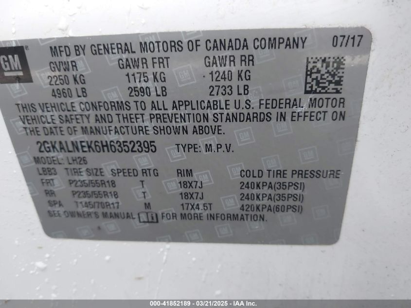 2017 GMC Terrain Sle-2 VIN: 2GKALNEK6H6352395 Lot: 41852189