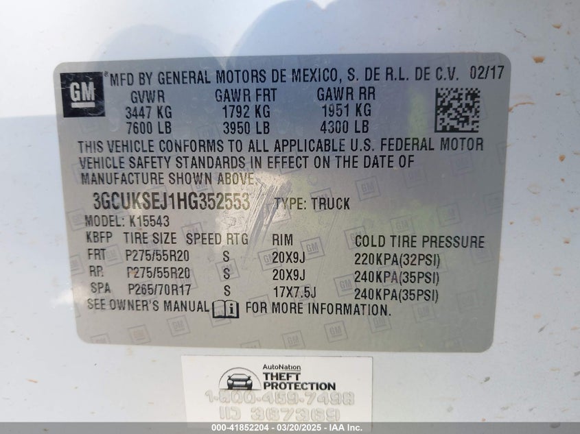 2017 CHEVROLET SILVERADO 1500 VIN: 3GCUKSEJ1HG352553